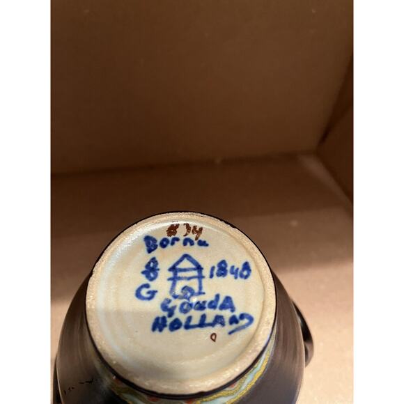 Gouda Holland Art Pottery Borne Orange Blue Ceramic Double Handle Pot 1848 - Picture 9 of 9